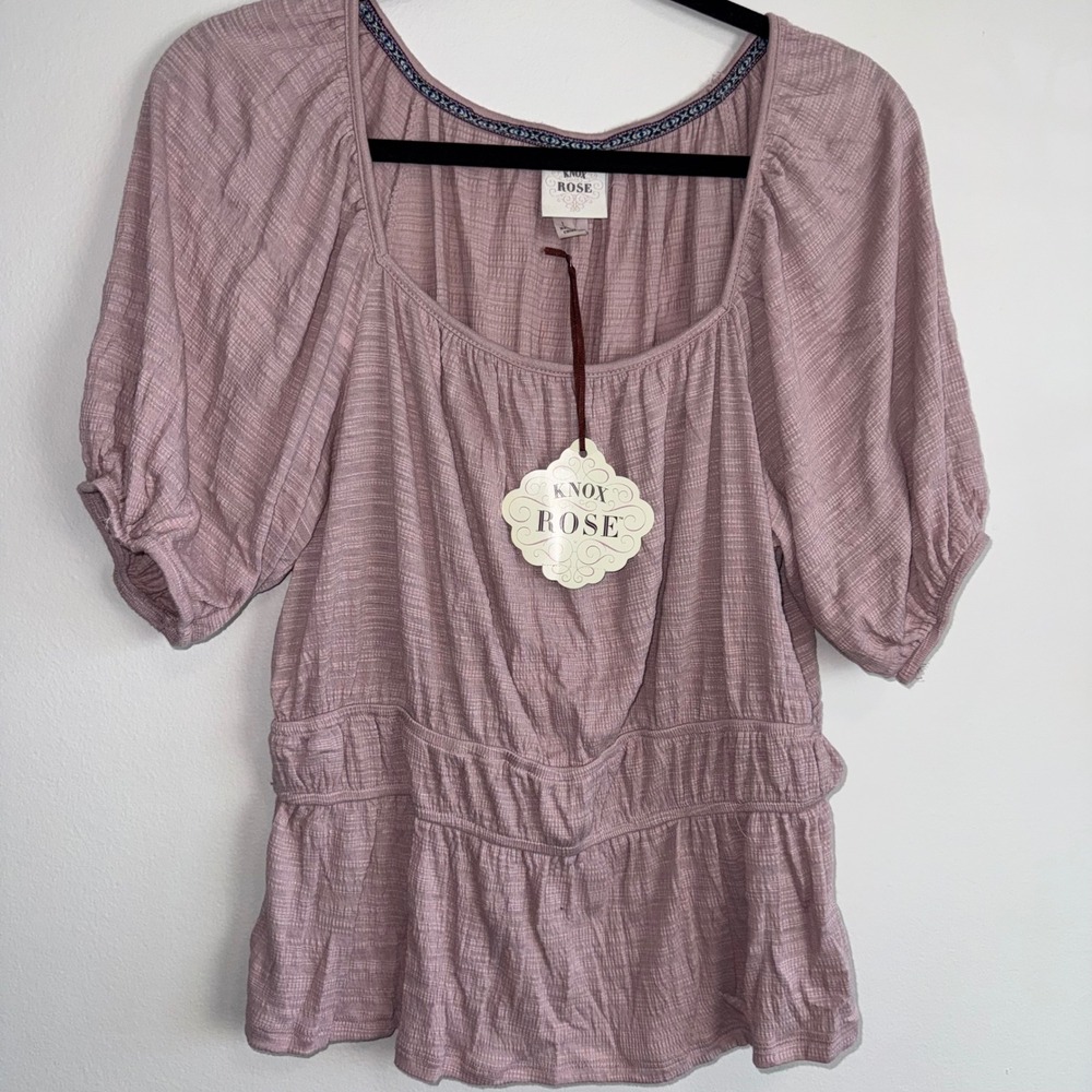 Knox Rose Mauve Textured Smocked Peplum Blouse Square Neck Balloon Sleeve Large - Picture 5 of 6